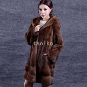 Women Mid Long Trench Coat Parka Overcoat Faux Mink Fur Loose Fit Hooded Outwear