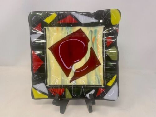 MCM Vintage Fused Glass Multicolored Square Plate  9”x 9”--Unsigned