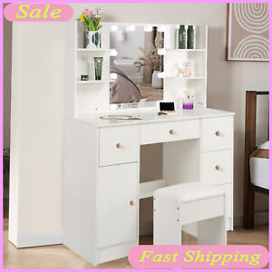 Modern Dresser Desk w/ Mirror and Lights, Dressing Vanity Table w/ Stool Set NEW
