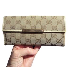 Authentic GUCCI GG Signature Canvas Long Wallet Beige Leather with Box Card