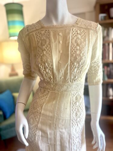 Lovely Edwardian Ivory Cotton Lawn Tea Dress w/ Bobbin, Needle & Crocheted Lace
