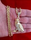 Hip Hop Iced Bling CZ 14K Gold Plated Owl Pendant with Rope Chain Necklace 30