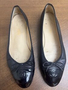 100% Authentic Chanel Ballet Flats/ Black Patent Cap Toe Size 41