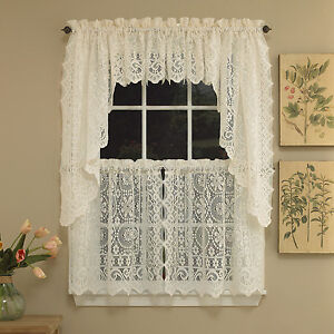Hopewell Heavy Cream Lace Kitchen Curtain Choice of Tier Valance or Swag