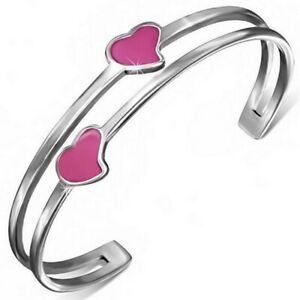 Stainless Steel Silver-Tone Pink Enamel Love Heart Open End Bangle Bracelet