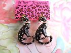 Betsey Johnson Black Gold Enamel Cheetah Cat Crystal Earrings NWT