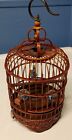 Vintage Chinese Miniature Bamboo Hanging Bird Cage W/ China pots & Working Door
