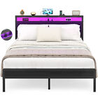 New ListingHomieasy Bed Frame Metal Platform Bed with Charging Station ＆ LED Wood Headboard