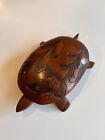 Vintage Large Hand Carved Wooden Folk Art Turtle Trinket Box with Lid. Beautiful