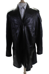Designer Genuine Leather Mens Leather Buttoned Collar Trench Coat Black Size XS