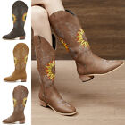 Women Western Cowboy Low Block Chunky Heel Boots Embroidered Mid Calf Shoes