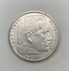 1939 A WW2 German 5 Reichsmark Coin, Third Reich, Von Hindenburg, Swastika