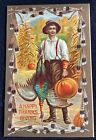 Vintage Thanksgiving Postcard Boy Turkey & Halloween pumpkin feather boarder