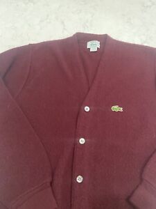 Izod Lacoste Vintage Sweater Men's Medium Maroon Cardigan Orlon 80's USA Grandpa