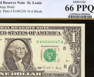 1988 $1 BILL 4444444 NEAR SOLID SERIAL NUMBER 7 OF A KIND NOTE PCGS 66 PPQ