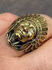 Mens Real 14K Gold Plated Solid 925 Sterling Silver Large Indian Head Chief Ring