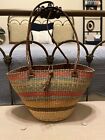 Vintage Woven Raffia Bucket Basket Leather Handles Sisal Market Jute Tote Bag