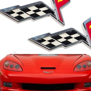 2Pcs Raised Front Hood &Rear Crossed Flag Emblem Badge for C6 Corvette 2005-2013 (For: Chevrolet)