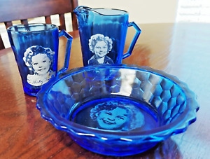 Vtg Shirley Temple Cobalt Blue Hazel Atlas Glass Cereal Bowl Cup Pitcher 3 piece