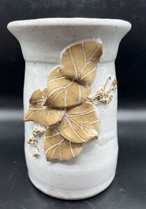 Art Pottery NC Utensil Crock Holder Vase Applied Leaves White Signed Speckled
