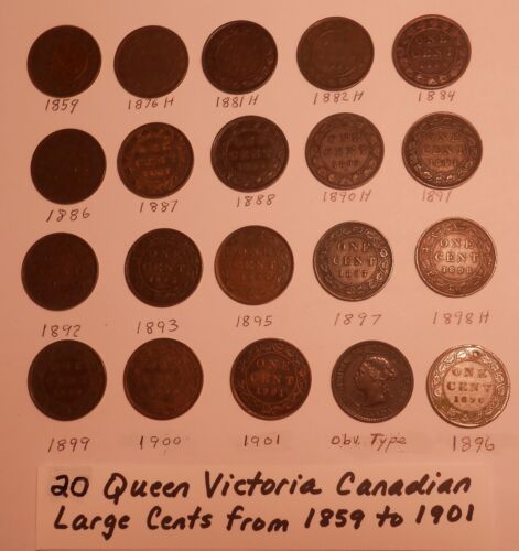 World Coin Lot:  20 Queen Victoria Canadian Large Cents from 1859 to 1901