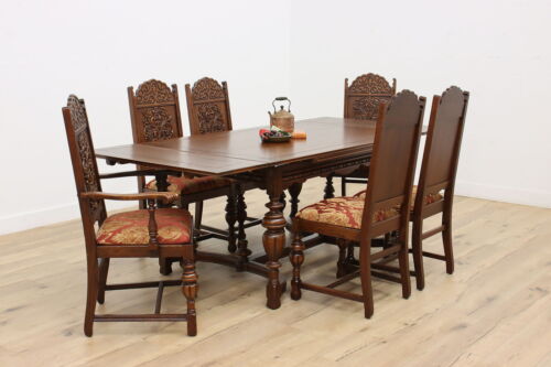 Tudor Design Antique Carved Oak Dining Set, Table & 6 Chairs #47265