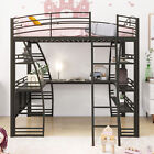 Heavy Duty Metal Loft Beds Full Size Bed Frame w/ Sockets Desk & Storage Shelves