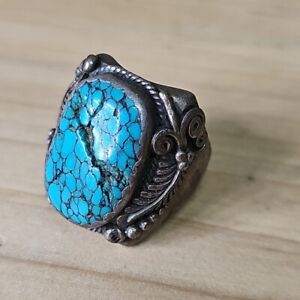 Old Indian Pawn Signed CC Sterling & Turquoise  Ring Sz. 8 21.6g IP255
