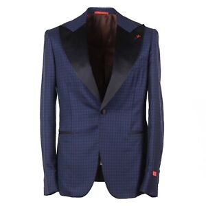 Isaia Dark Blue Check Cashmere-Silk Dinner Jacket Slim 40R (Eu 50) Sport Coat