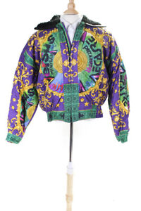 Gianni Versace Mens Silk Abstract Print Zipped Fur Lined Coat Purple Size EUR52