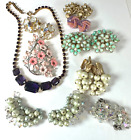 Vintage Jewelry Lot Clip Earrings Brooch 50s-60s Beads Rhinestone Sweet 9 Piece