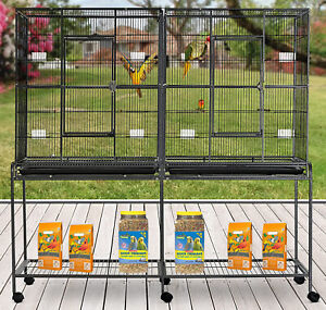 LARGE Double Birdhouse Treehouse Bird Breeder Cage Center Divider Rolling Stand