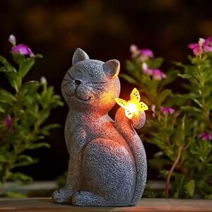 New ListingSolar Cat Outdoor Statues for Garden: Outside Decor with Butterfly Gray Cat