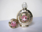 Guilloche Roses Enamel Gold Tone Vintage Miniature Perfume Bottle
