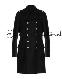 Men Wool Military Trench Coat Black Long Jacket Double Breasted Officer Blazer
