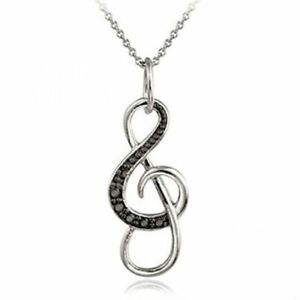 Sterling Silver Musical Note Pendant Necklace Black CZ Cubic Zirconia Music Note