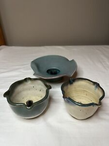 New ListingLot of 3 Studio Art Pottery Ikebana Stoneware Vase Metal Pin Frog Signed