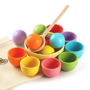 New ListingMontessori Larger Ball in Cup Color Sorting Toy for Toddlers Wooden Rainbow B...