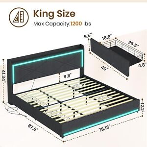Full/Queen/King Size Bed Frame Platform with Storage Drawers LED Light Headboard