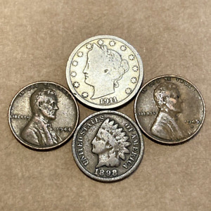 Old Us Coin Lot 4 Coins 1800s Indian Head Penny, Liberty V Nickel, Wheat Cents