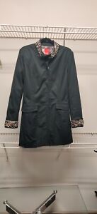 V Cristinia Silver Beaded Accented Black Trench Coat W Mandarin Collar Accent