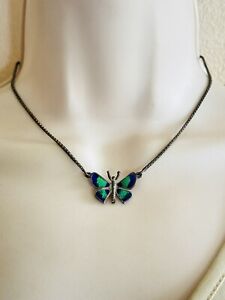 VTG Guilloche Enamel Butterfly Pendant Necklace Sterling Silver Box Chain Blue