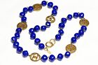 Vintage 1991 Chanel Gripoix Blue Glass Beads CC Coin Medallion Sautoir Necklace