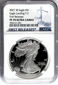 2021 W PROOF SILVER EAGLE LANDING TYPE 2 FIRST RELEASES NGC PF70