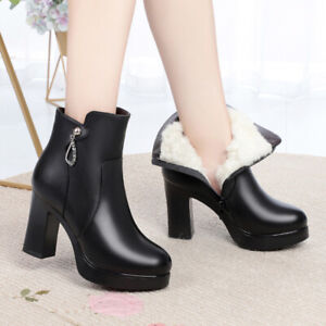 Women's Genuine Leather Boots High-Heeled Wool Lined Warm Snow Boots