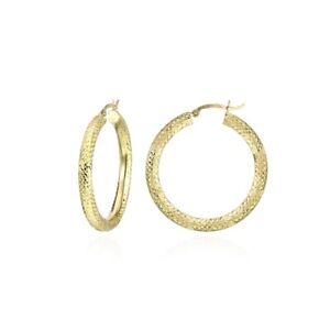 14K Gold Diamond-cut 4x25mm Lightweight Round Hoop Earrings