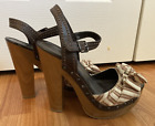 Jessica Simpson Size 7 Platform Shoes Wooden Heels Leather straps Striped Cloth