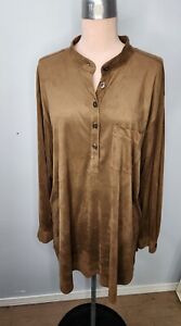 Women's Monterey Bay 2X Plus Tunic Top Brown Suede Pullover Collarless