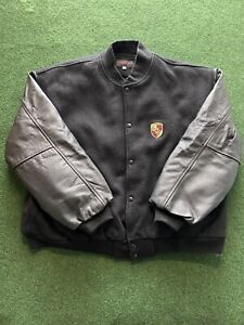 Porsche Logo Black Wool Leather Snap Front Quiled Lined Bomber Jacket XXL Biker