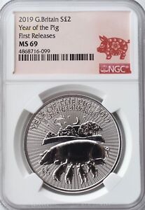 2019 Silver £2 Two Pound Coin Lunar Year PIG 1 oz NGC MS69 Royal Mint Britain